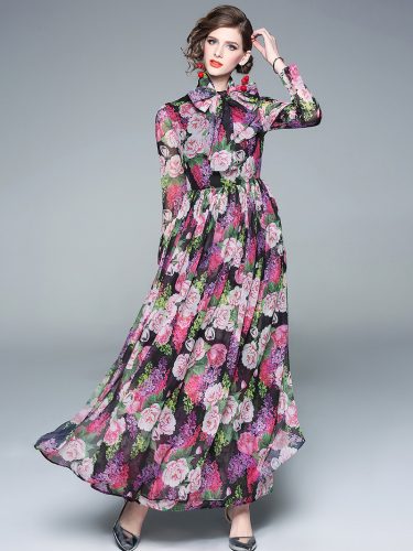 Elegant Binding Bow Flower Print Dress