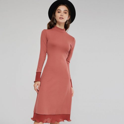 Stand Collar Falbala Hem Fitted Knitted Dress