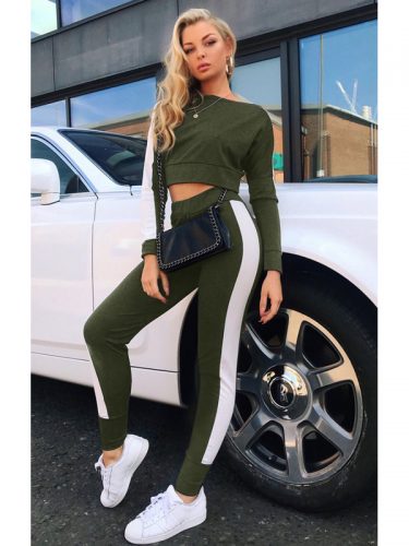 Casual Color Block Crop Top With Long Pants