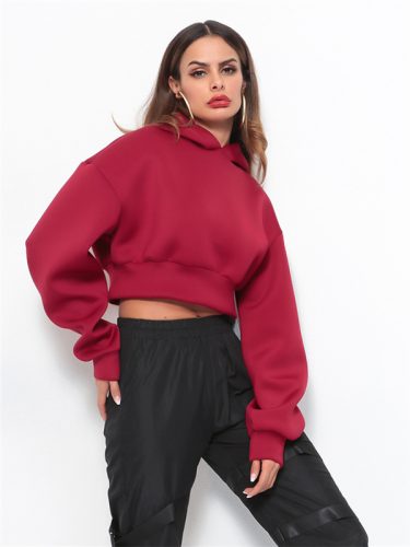 Euro Solid Crop Red Hoodies For Women