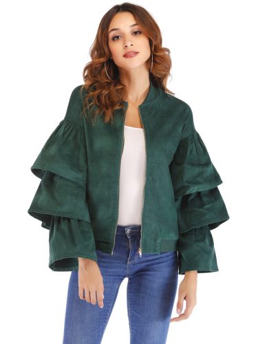 Hot Sale Puff Sleeve Zipper Up Green Coat