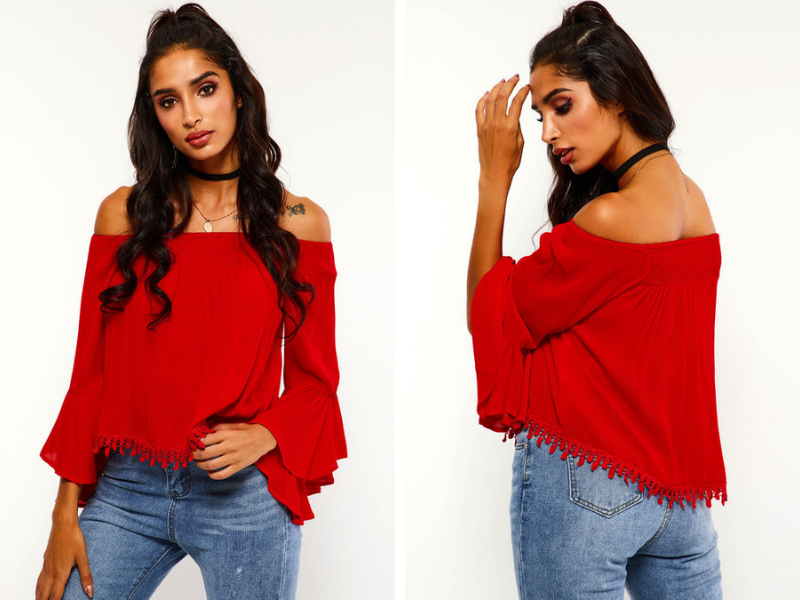 Solid Fitted Off Shoulder Flare Sleeves Red Blouse