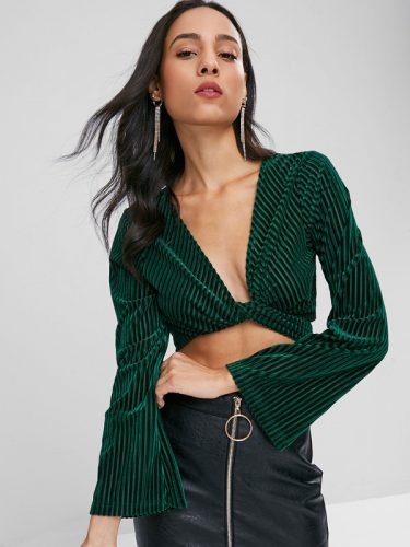 Euro V-Neck Binding Bow Green Cropped Top