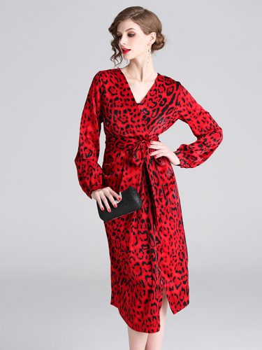 Retro Binding Bow Leopard Print Dress