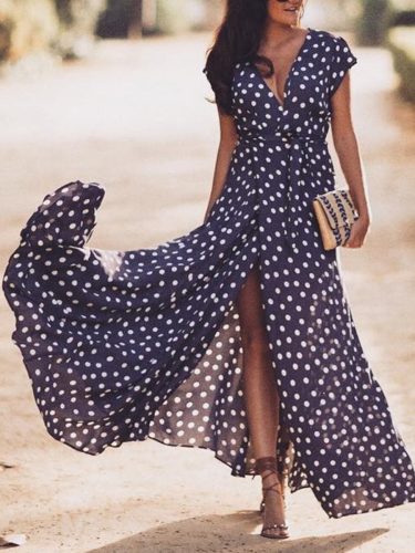 leisure polka dots long sleeve maxi dress