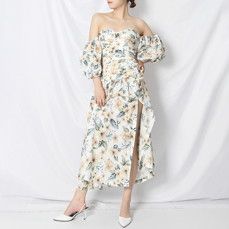 Boutique Printed Puff Sleeve Off The Shoulder Maxi Dress
